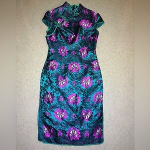Vintage-Style Teal & Purple Floral Silk Brocade Cheongsam (Qipao)